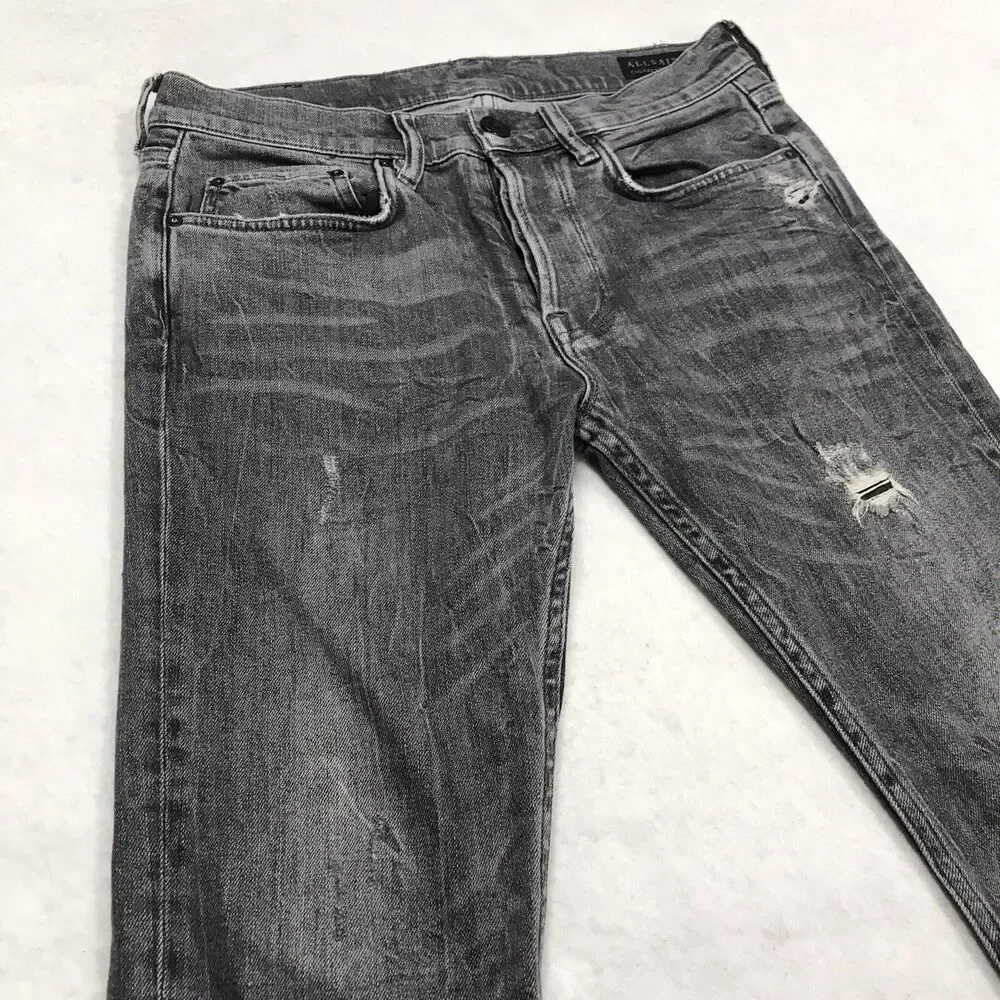 ALL SAINTS Raveline Cigarette Jean Men 30x32 Gray Distress Taper Stretch Denim